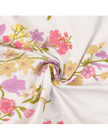 Bomullspoplin Embroidered Flowers